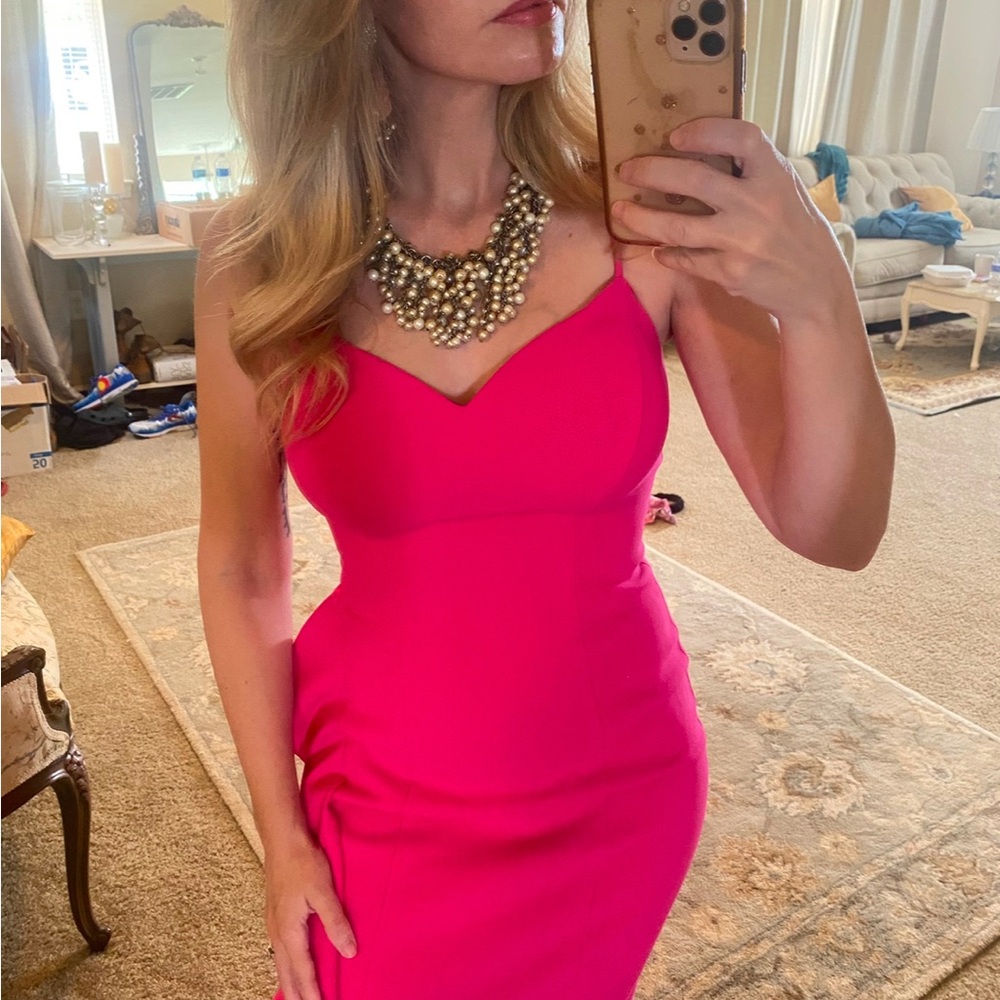 Likely Hot Pink Bodycon Midi Dress with Sweetheart Neckline for Cocktail
